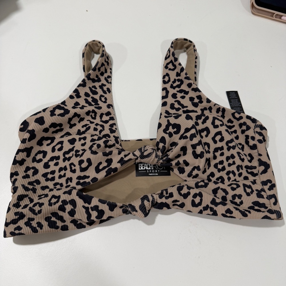 Beach Riot Sport Leopard Ribbed Front Knot Bikini Top Tan Black Large USA Made